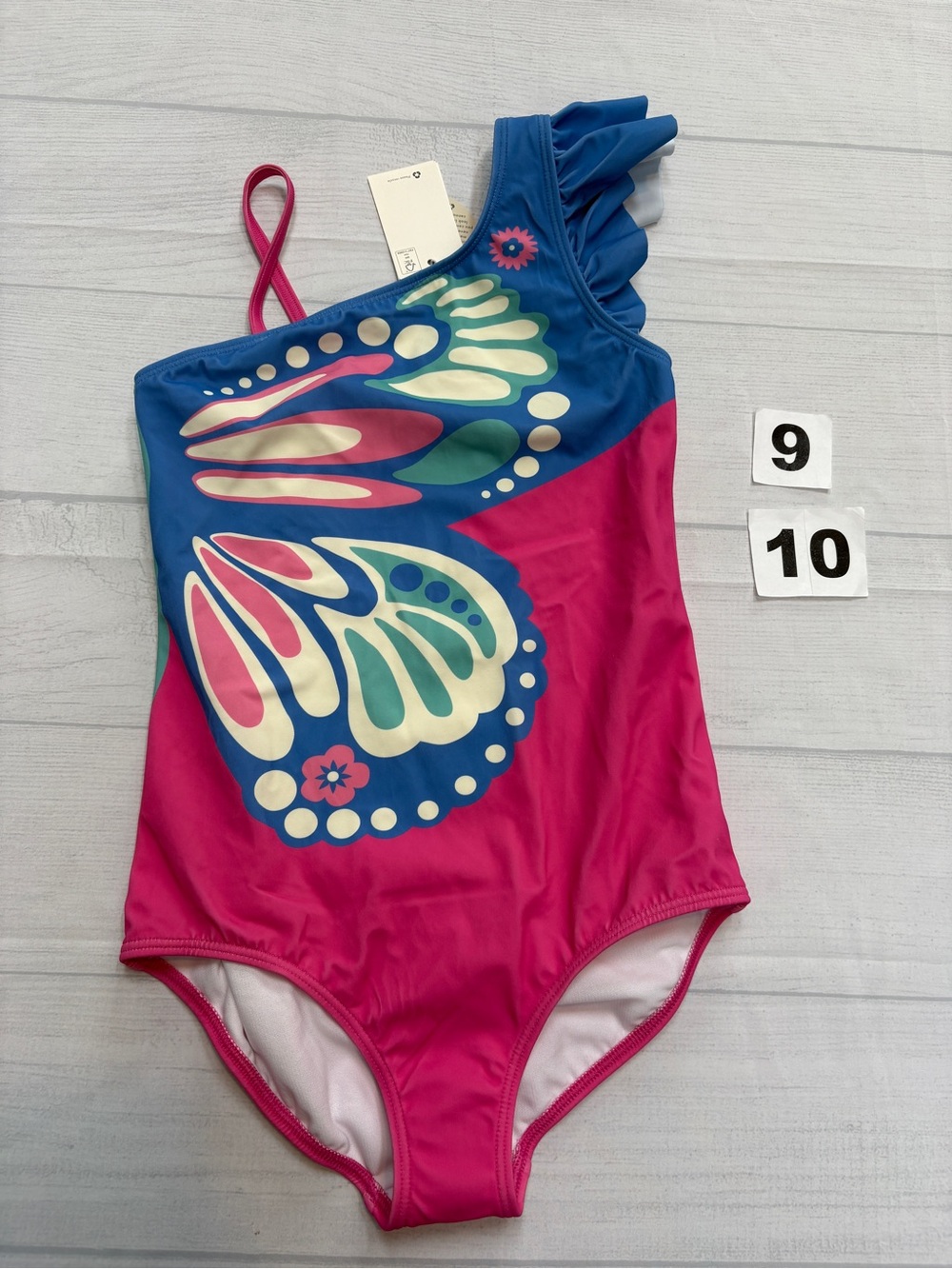 Mini Boden One-Shoulder Pink and Blue Butterfly Swimsuit